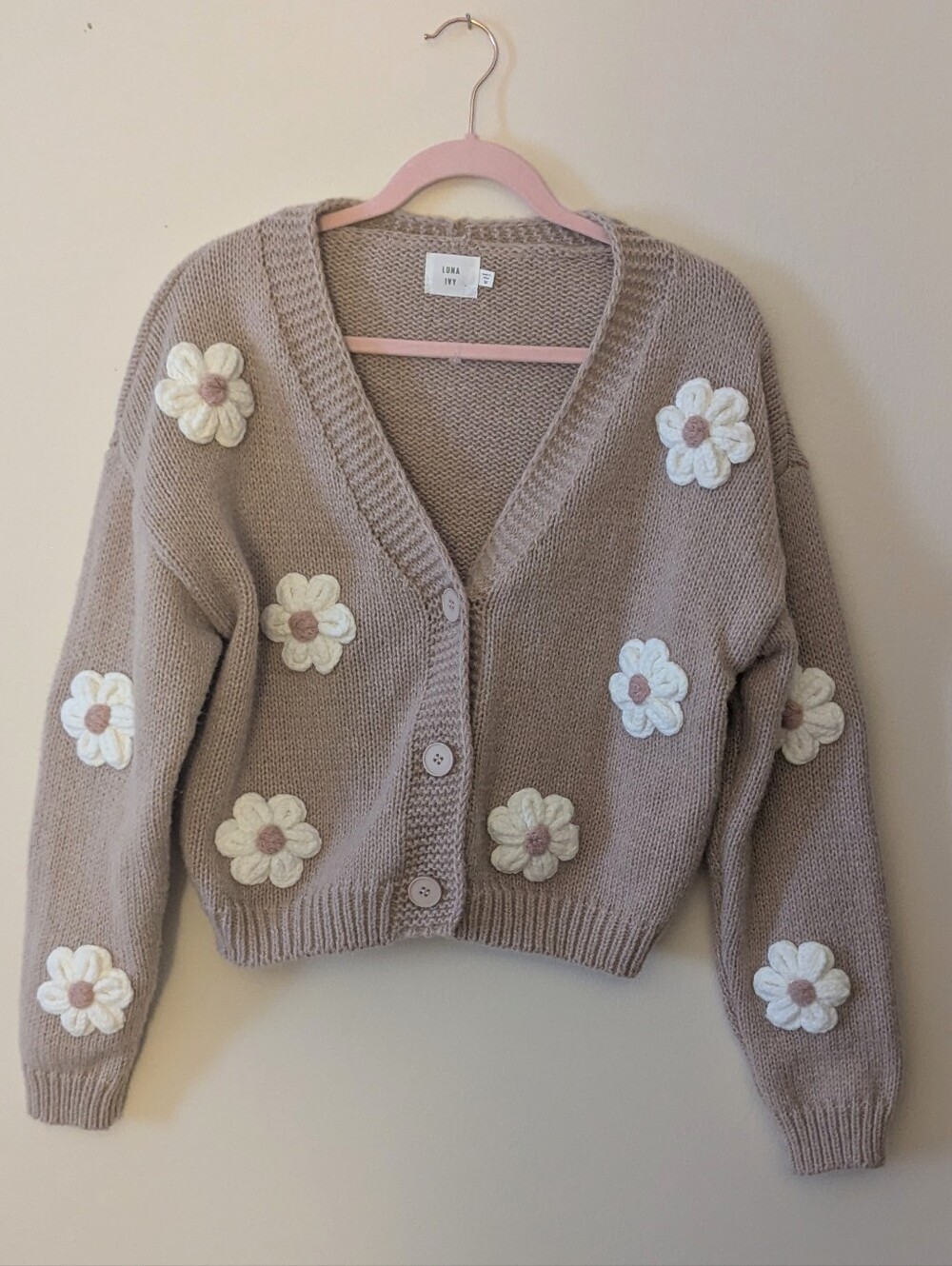Floral Appliqué Cardigan Sweater, Taupe/Cream - Picture 2 of 4